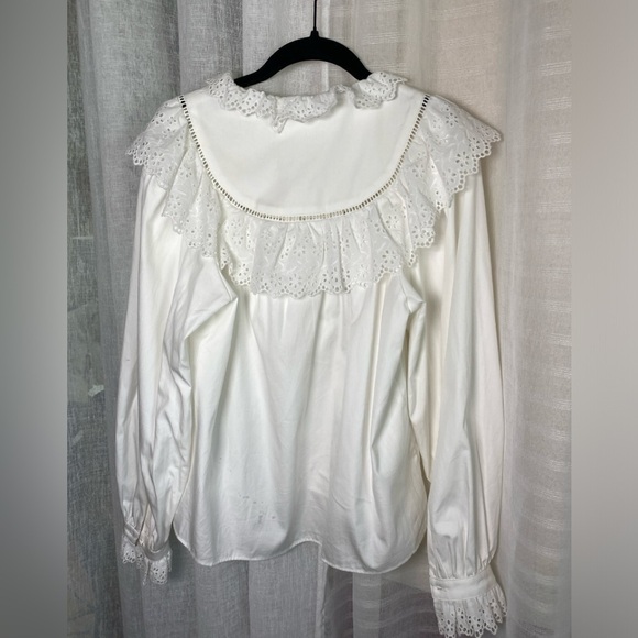 EMERSON FRY Victoria 3 White Poplin Blouse Eyelet Lace Pearl Button XS - Picture 6 of 10